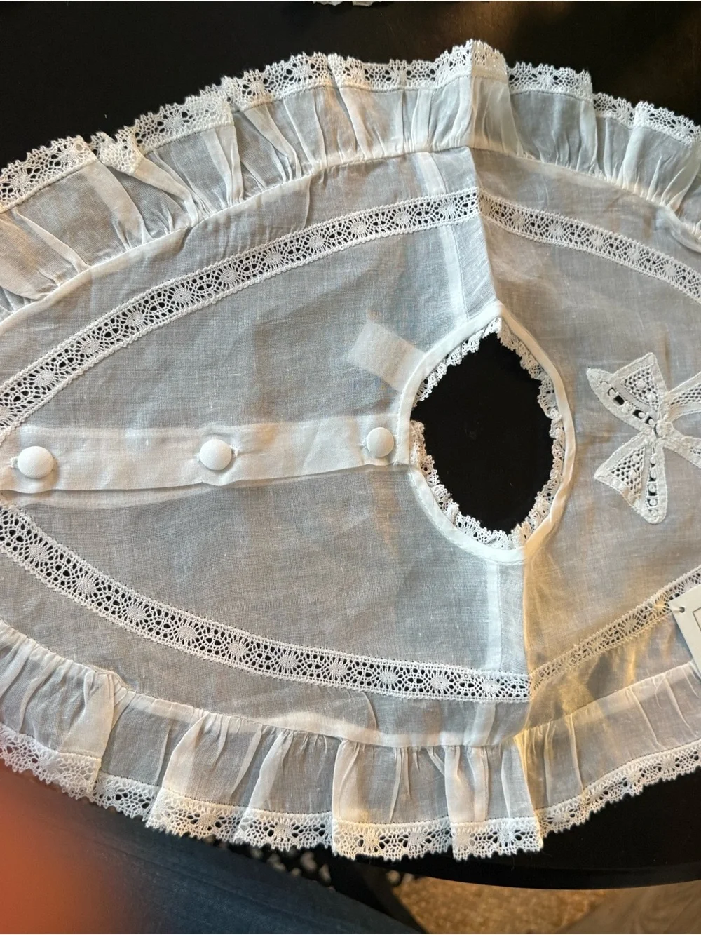 Vintage Lace Baby Bib or Dress Collar with Crochet Bow Hand Covered Buttons. New